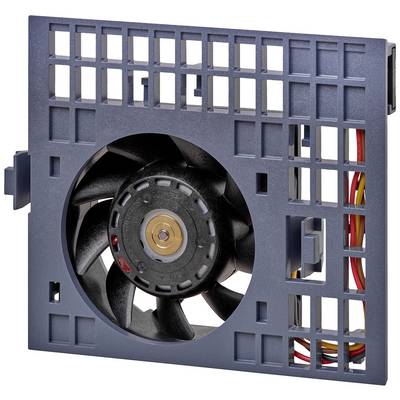 Un ventilateur d'ordinateur noir avec un cadre en grille gris. Le ventilateur a plusieurs câbles sur le côté.