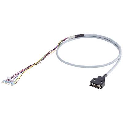 Un câble gris multibrins avec une prise noire à gauche et des fils colorés dénudés à droite, adapté pour les connexions électroniques.