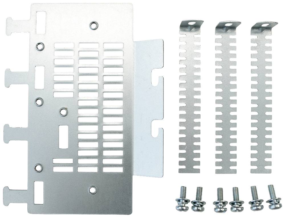 Ensemble de support métallique comprenant une plaque perforée, trois supports de fixation et six vis, destiné au montage de composants matériels.