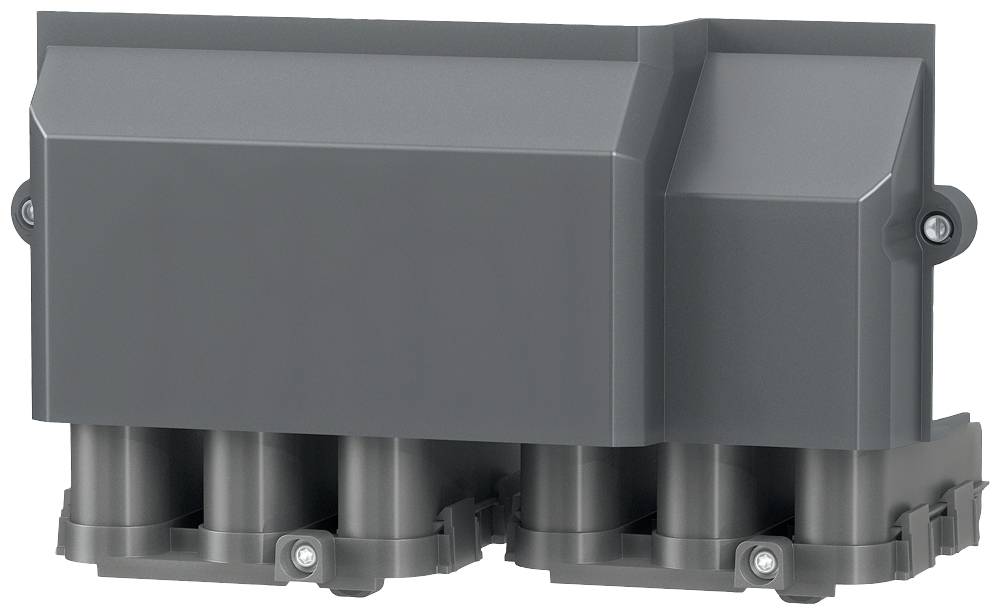 Un composant technique rectangulaire gris à surface lisse, doté de plusieurs raccordements cylindriques à sa base.