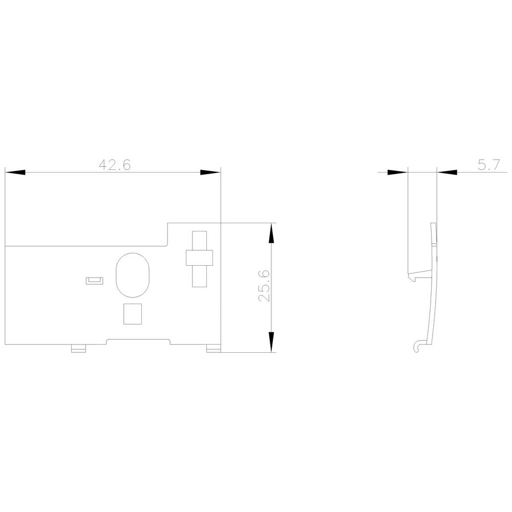 Dessin technique d'un composant rectangulaire avec les dimensions suivantes : largeur 42,6 mm, hauteur 25,6 mm, et profondeur de vue latérale 5,7 mm.