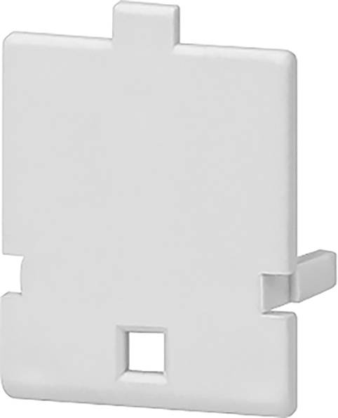 Couvercle de protection rectangulaire simple en plastique avec une petite découpe carrée en bas, principalement de couleur blanche.