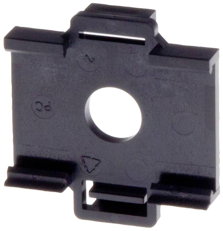 Pièce en plastique noir, carrée, avec un trou central, probablement un élément de fixation ou un composant de support.