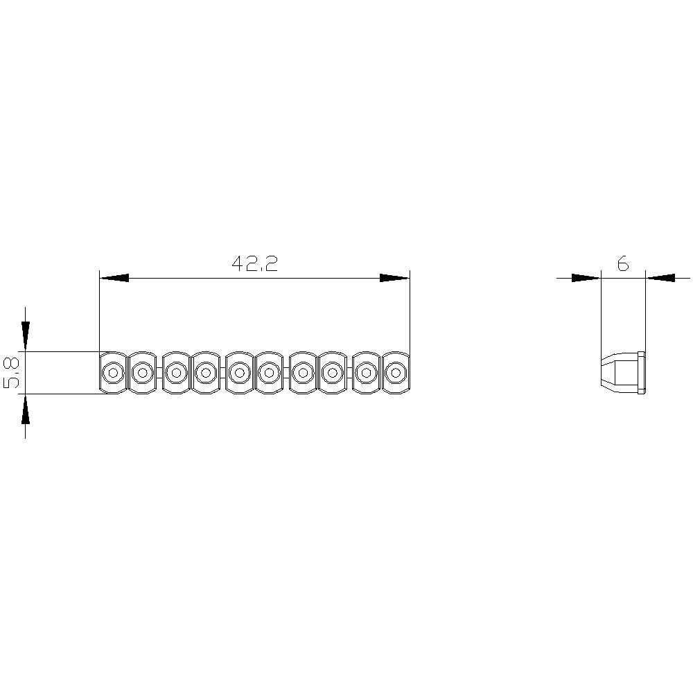 Dessin technique d'un bornier avec neuf connexions, longueur totale de 42,2 mm, largeur de 5,8 mm, hauteur de 6 mm.