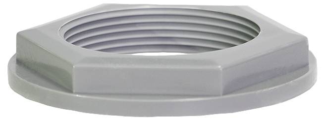 Un écrou hexagonal gris en plastique, orienté horizontalement, avec filetage intérieur visible.