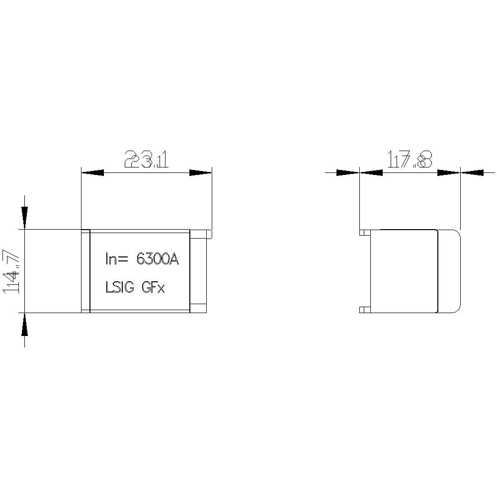 Dessin technique d'un composant électrique avec dimensions : Largeur 23,1 mm, Hauteur 14,7 mm, Profondeur 17,8 mm, étiqueté 'In = 6300A, LSIG GFx'.