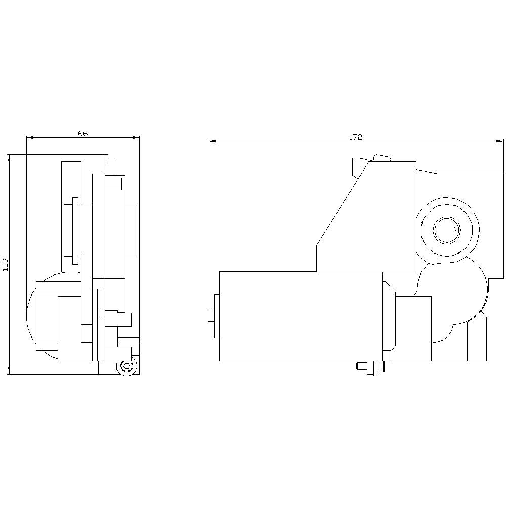 Dessin technique d'un composant mécanique avec dimensions : à gauche 66x182 mm, à droite 172 mm. Formes rectangulaires et cylindriques visibles.