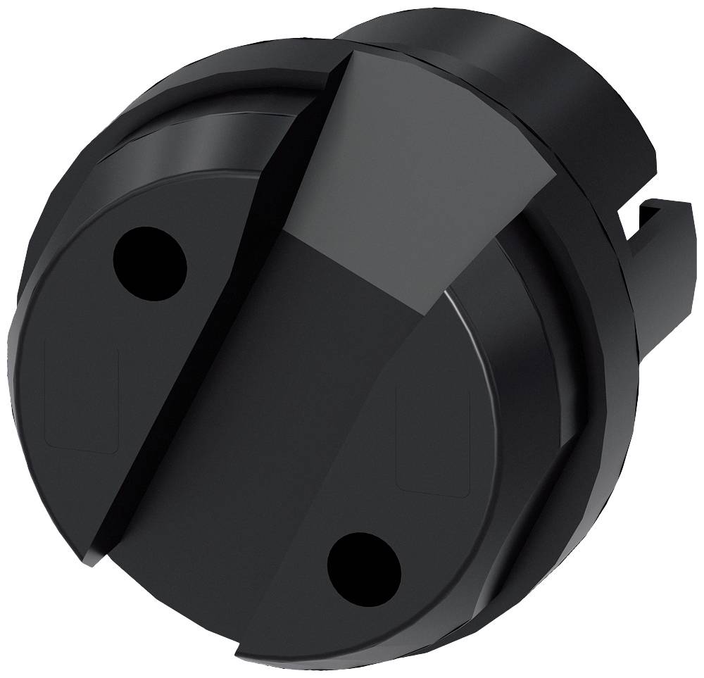 Pièce en plastique noir, ronde, avec deux trous et une large fente au centre, probablement un bouton de réglage ou un potentiomètre.