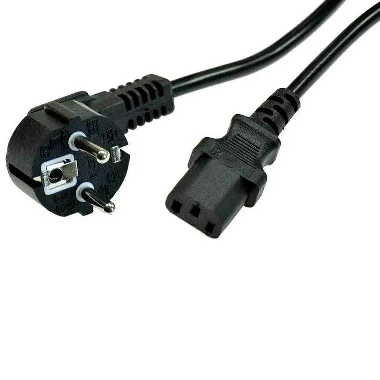 Deux fiches électriques noires : à gauche, une fiche Schuko avec deux broches métalliques et à droite, une fiche IEC, adaptée à de nombreux appareils.