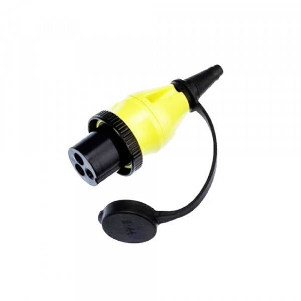 Adaptateur jaune et noir avec capuchon de protection, typiquement utilisé pour les connexions électriques extérieures.