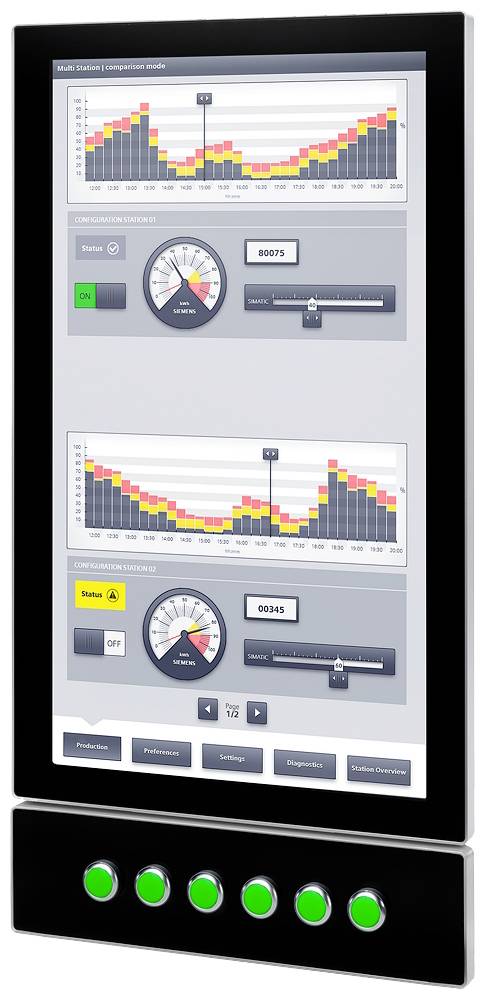 Un moniteur vertical affiche deux diagrammes à barres colorées. En dessous se trouvent des indicateurs de mesure avec des valeurs numériques et des touches.