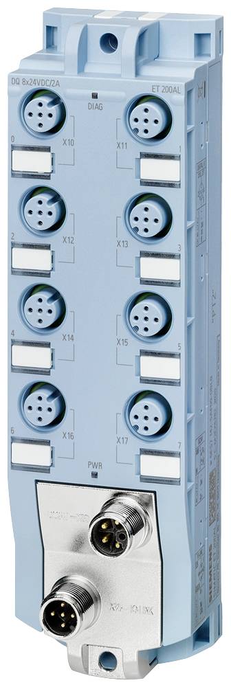 Un module de connexion industriel bleu avec plusieurs connecteurs circulaires, adapté pour la connexion et le contrôle d'appareils électroniques.