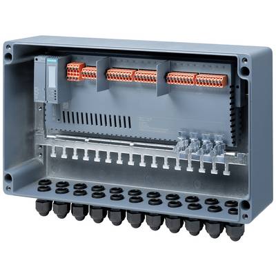 Un boîtier électrique gris de tableau de distribution avec plusieurs bornes de connexion et des passages de câbles.