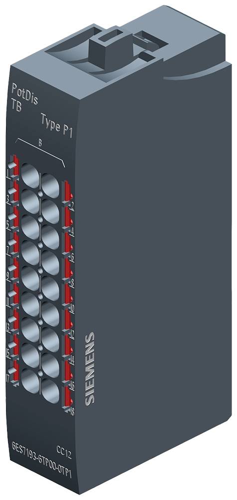 Appareil électronique noir portant l'inscription 'SIEMENS'. Il présente plusieurs connexions rouges sur sa façade, étiquetées 'PotDis TB Type P1'.