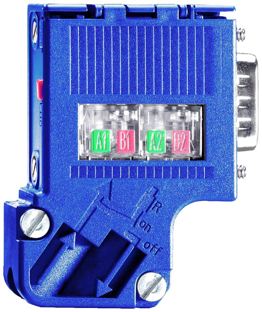 Adaptateur bleu avec deux interrupteurs encastrés, étiquetés 'A1 B1' et 'A2 B2'. Un commutateur métallique se trouve sur le côté.