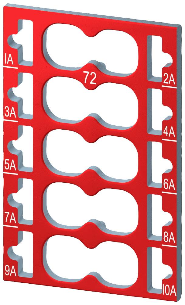 Cadre en plastique rouge avec découpes numérotées de 1A à 10A, probablement destiné à l'organisation ou au montage de composants.