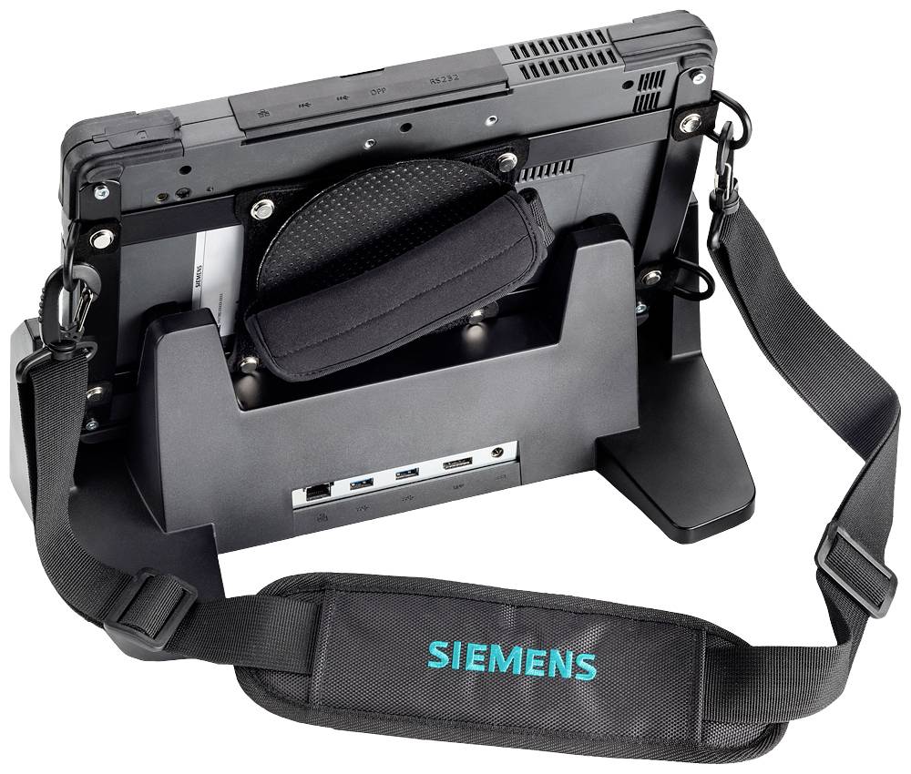 Logo 'Siemens' sur une tablette robuste avec un boîtier de protection. La tablette est placée dans une station d'accueil avec différents ports de connexion.