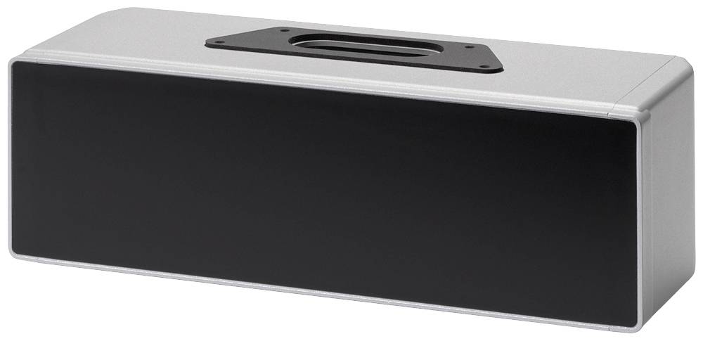 Un haut-parleur rectangulaire argenté et noir avec des coins arrondis et une découpe trapézoïdale sur le dessus.