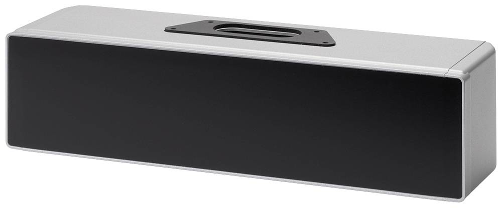Haut-parleur rectangulaire noir avec boîtier argenté sur fond blanc.