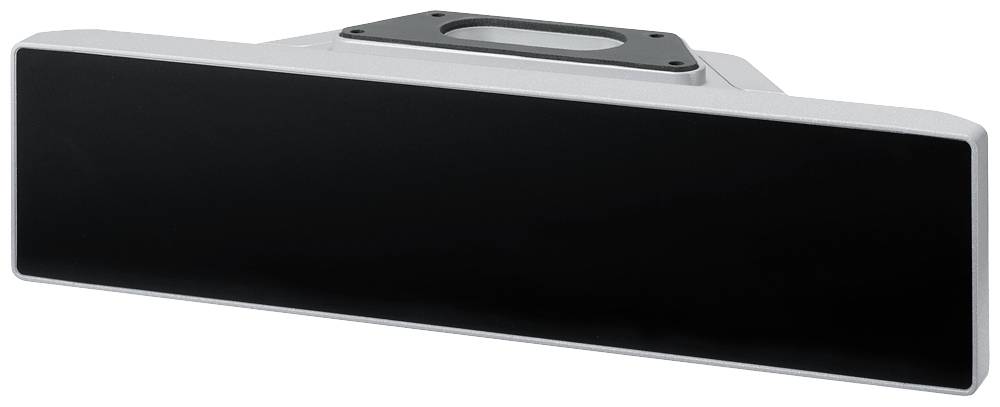 Capteur rectangulaire noir ou caméra sur un fond blanc, probablement destiné à détecter des mouvements ou à capturer des images.