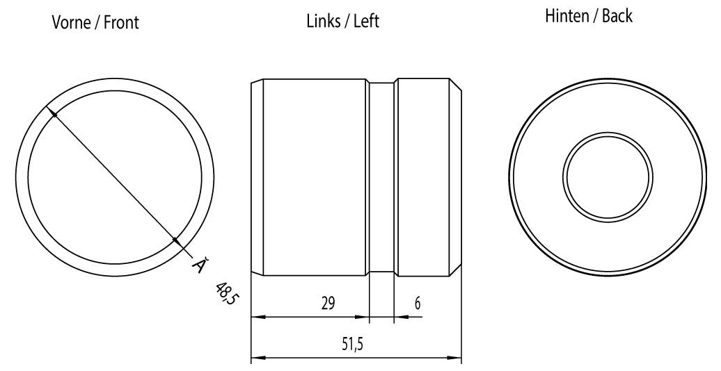 Dessin technique d'un objet cylindrique avec dimensions : diamètre 48,5 mm, longueur 51,5 mm. Vue de face, de côté et arrière.