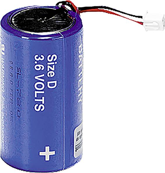 Batterie bleue de taille D avec l'inscription '3.6 VOLTS'. Elle a deux câbles avec un connecteur blanc sur le dessus.