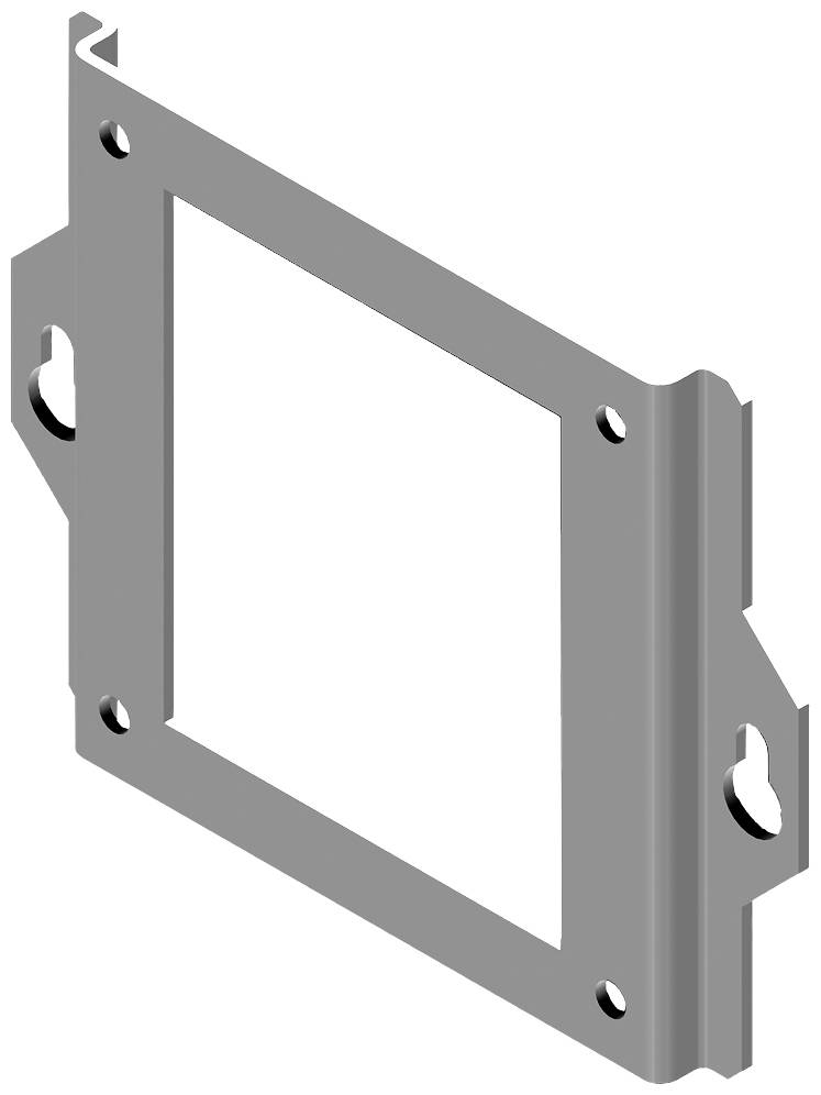 Plaque métallique avec un trou rectangulaire au centre, deux trous de fixation sur les côtés et un cadre surélevé périphérique.