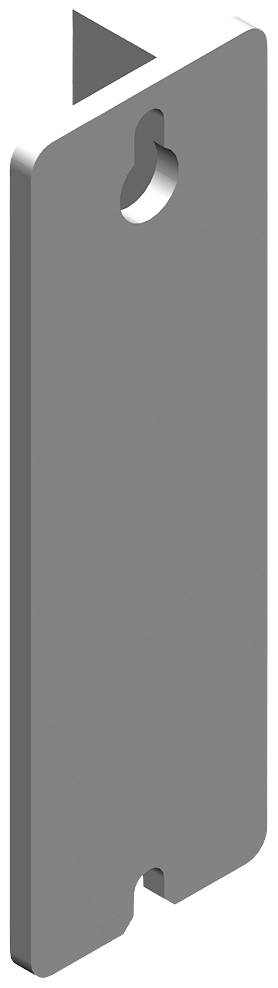 Pièce métallique grise, rectangulaire, avec un trou arrondi en haut et un bord supérieur présentant un angle diagonal.