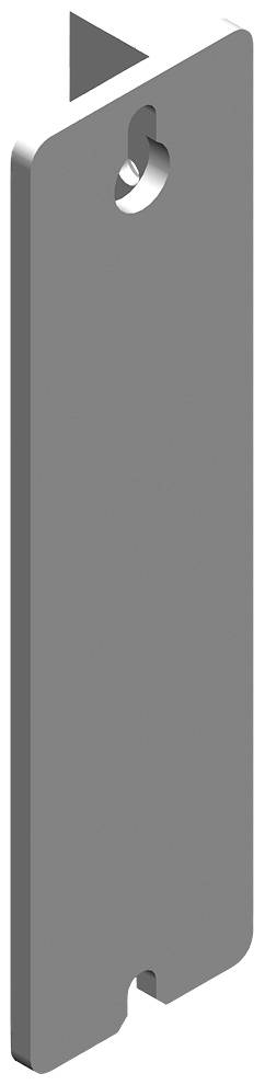 Tôle métallique grise, rectangulaire, aux angles arrondis, avec un trou rond en haut pour la suspension.