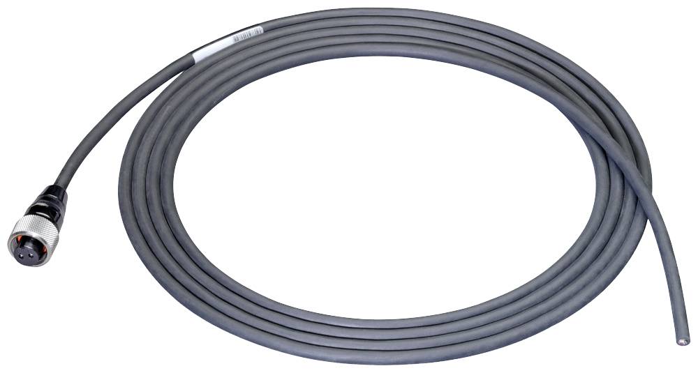 Câble gris avec une fiche métallique ronde sur le côté gauche, long et enroulé, adapté pour les connexions techniques.