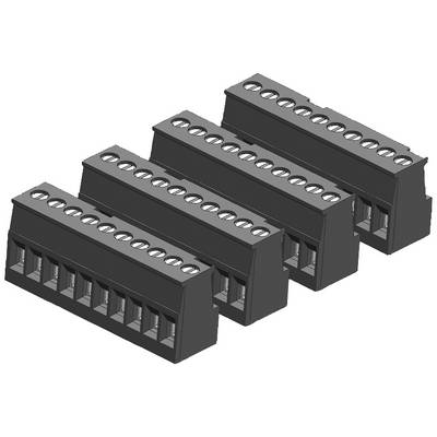 Quatre barres de connexion électriques noires sous un angle diagonal, chacune avec plusieurs points de raccordement pour le câblage.