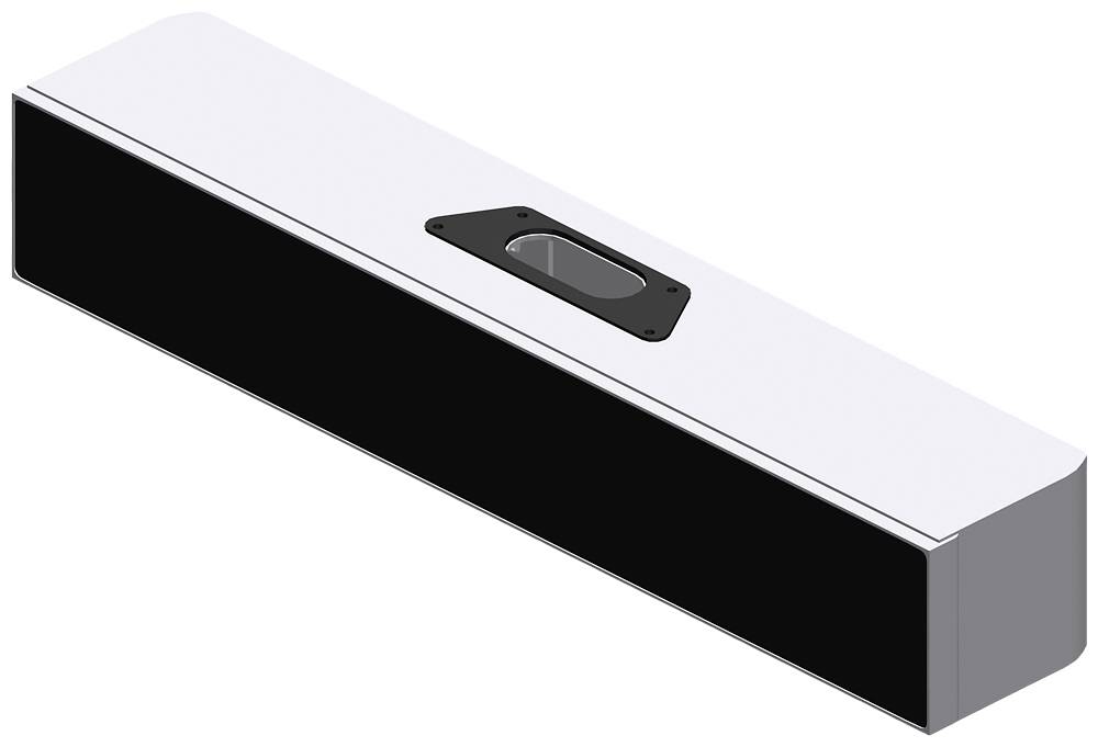 Un objet rectangulaire à façade noire et boîtier blanc, probablement un haut-parleur ou un autre appareil électronique.