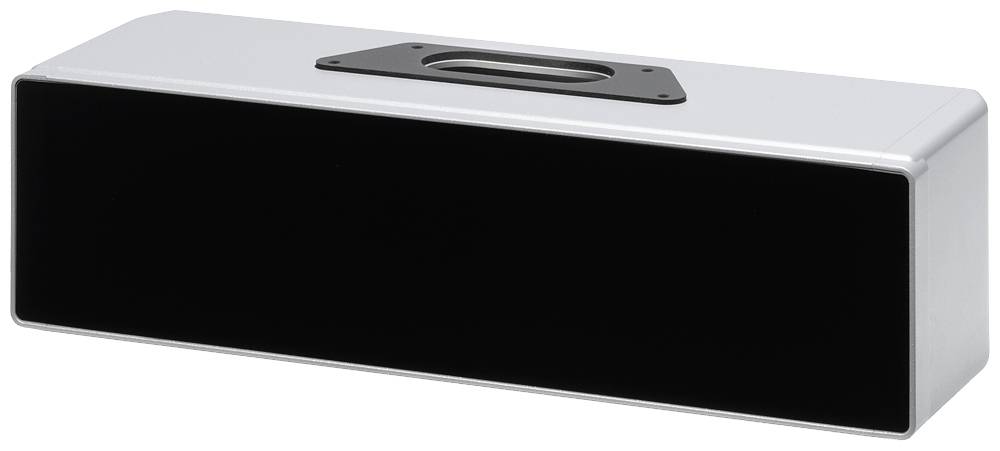 Un haut-parleur rectangulaire noir et argenté au design épuré, visible de profil.