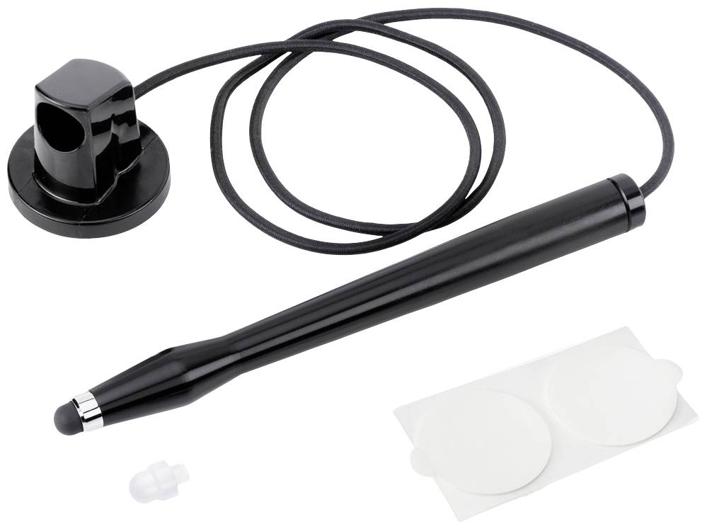 Un stylo noir avec un câble et un support rond, accompagné d'un embout en plastique et de deux pastilles adhésives rondes sur un fond blanc.
