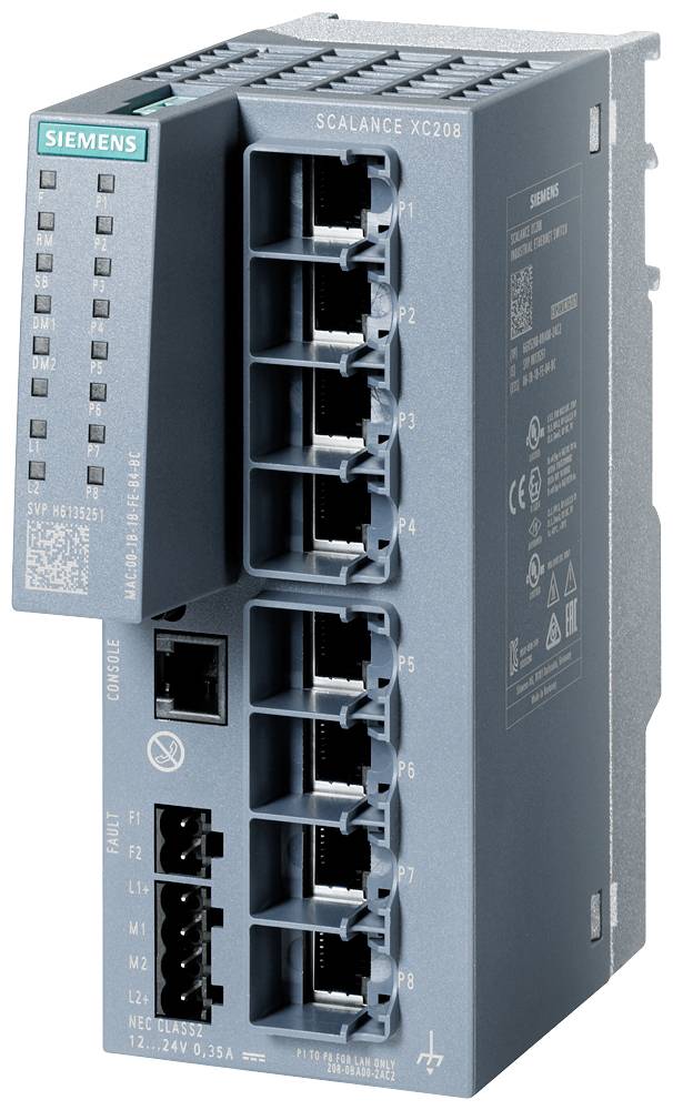 Un commutateur réseau gris de Siemens portant l'étiquette 'SCALANCE XC208'. Huit ports Ethernet, une connexion d'alimentation.