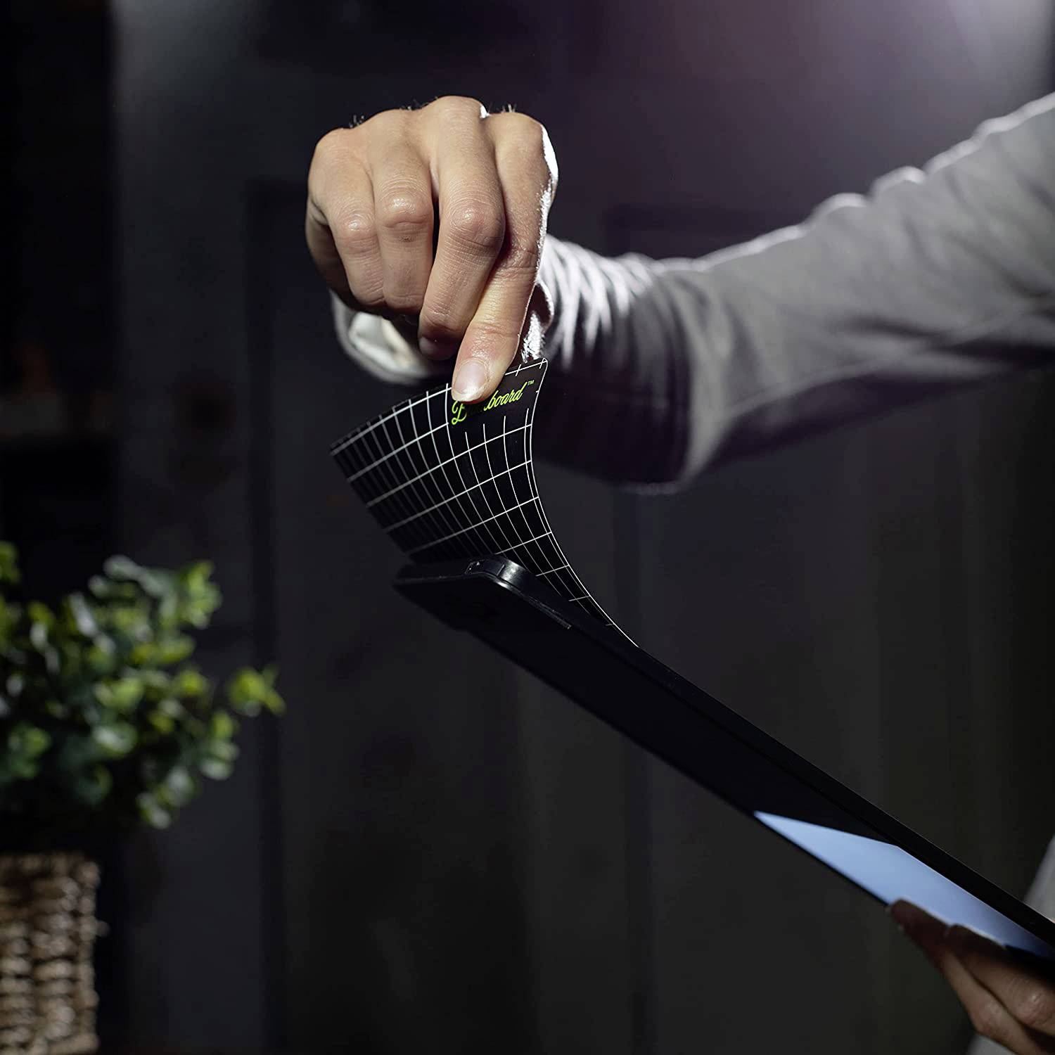 Une main tient un rectangle de verre avec une grille numérique et le mot 'Login'. Une plante d'intérieur floue est visible en arrière-plan.