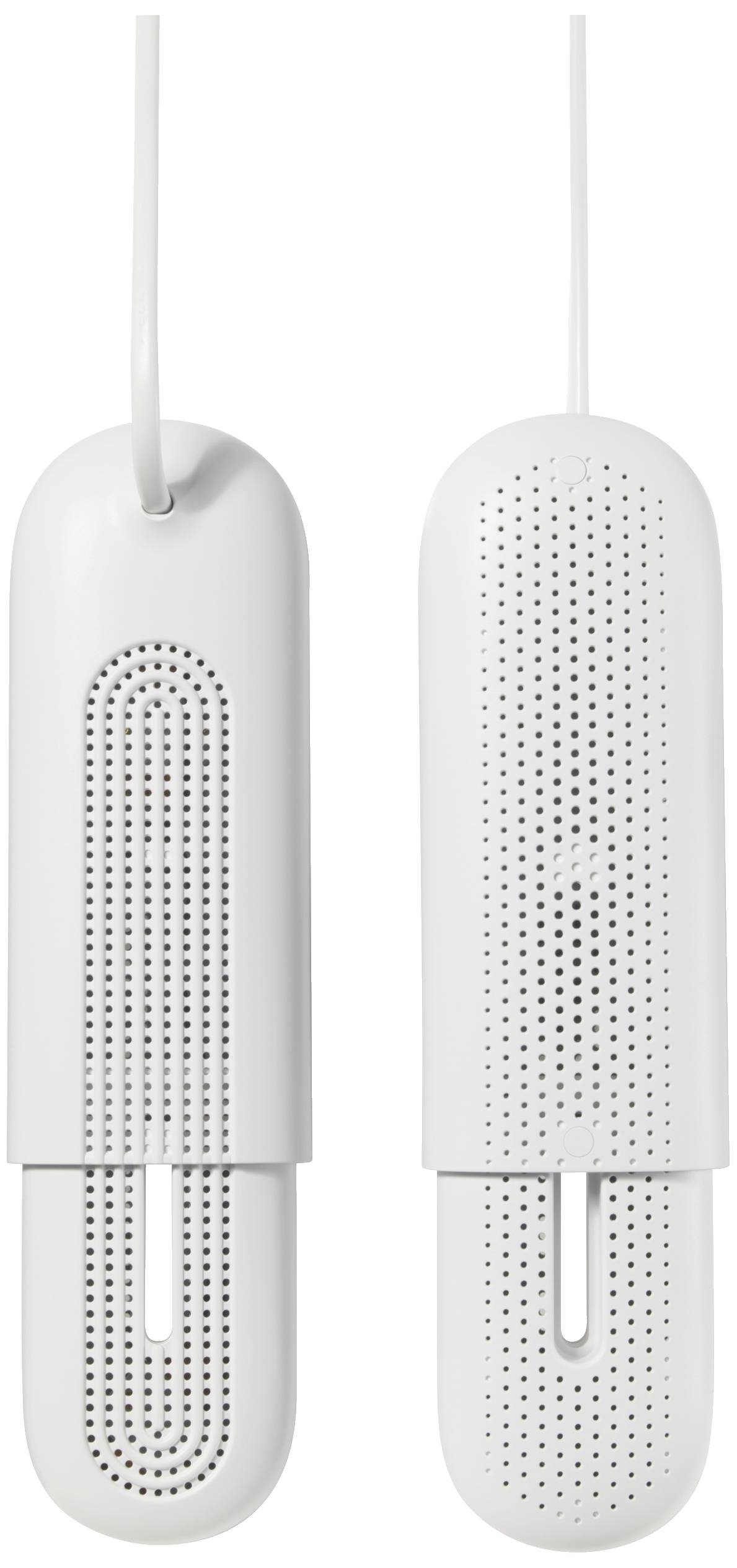 Deux sèche-chaussures blancs à surface perforée et câbles en haut. Ils sont conçus pour réduire l'humidité.