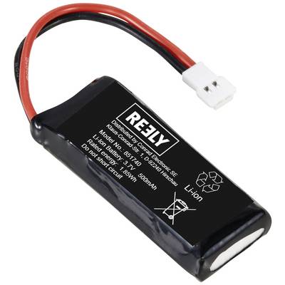 Un accumulateur Li-Ion noir avec câbles et connecteur, portant l'inscription : « REELY, Modèle : 85173, 3,7V, 500mAh, 1,85Wh, ne pas court-circuiter ».