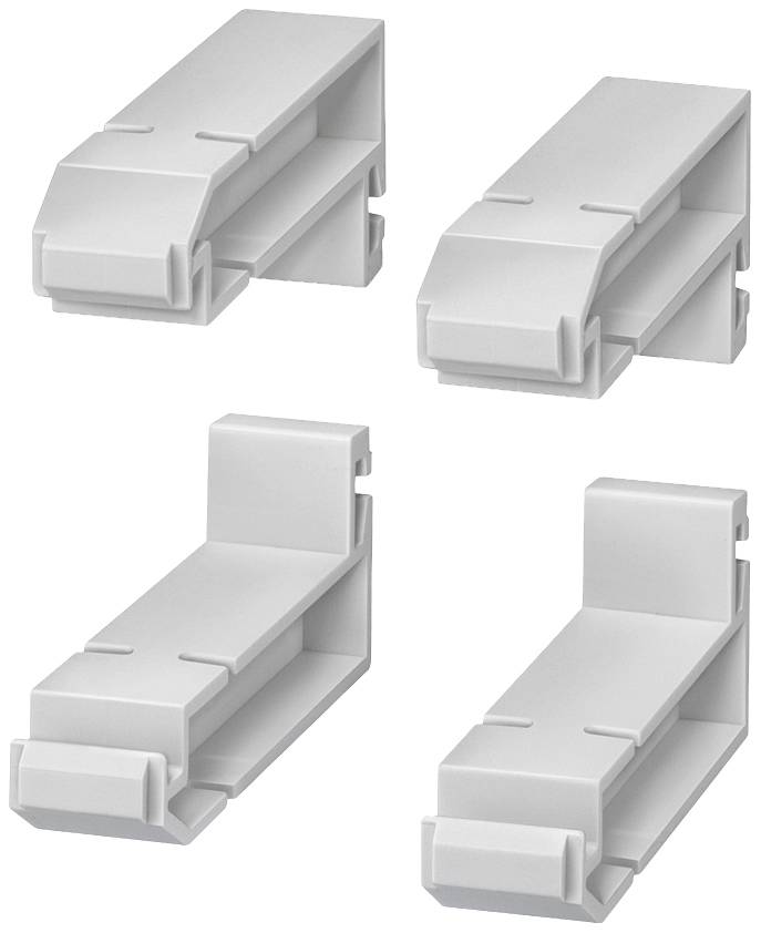 Quatre pinces en plastique blanc, montrées sous différents angles. Elles sont souvent utilisées pour une fixation sécurisée.