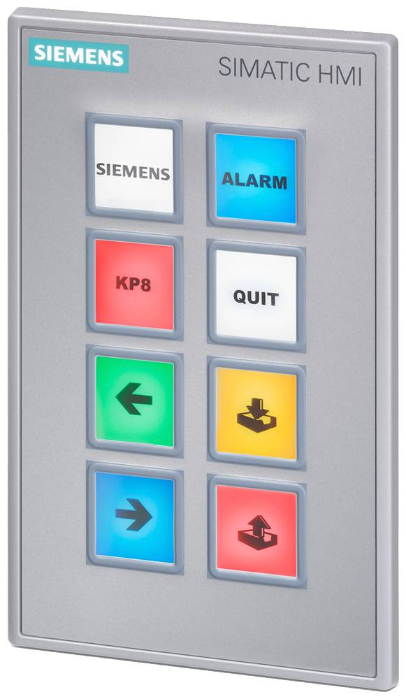 Tableau avec sept touches colorées et le logo Siemens : 'SIEMENS', 'ALARME', 'KP8', 'QUITTER', flèches gauche, bas ; boîte rayée en rouge.