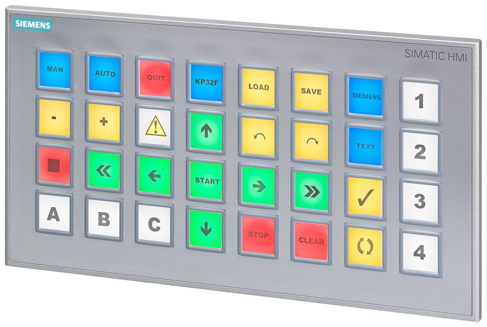 Clavier d'un appareil SIMATIC HMI de Siemens avec des touches colorées indiquant différentes fonctions et options de commande.