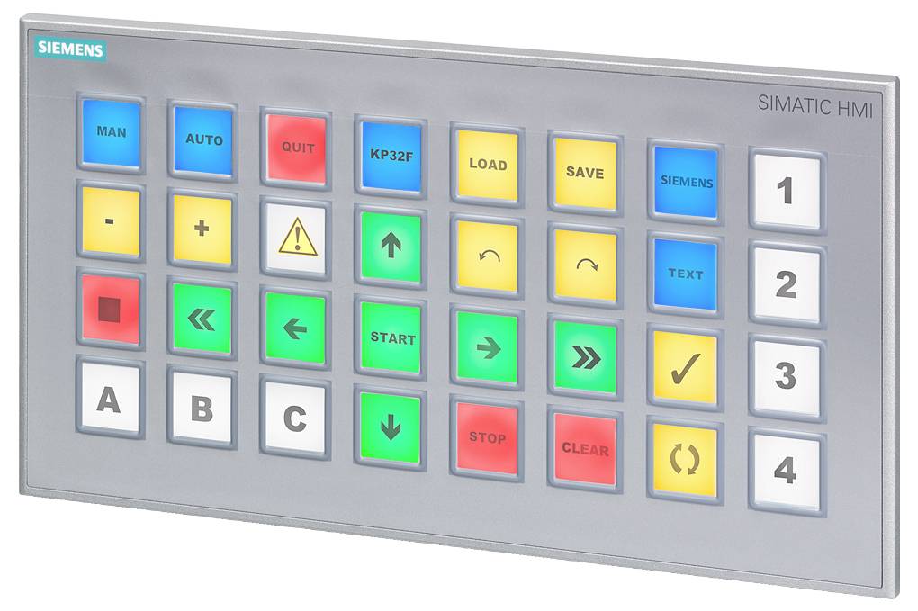 Panneau de commande avec touches pour 'MAN', 'AUTO', 'QUIT', saisies numériques et fonctions comme 'START' et 'SAVE' de Siemens Simatic HMI.