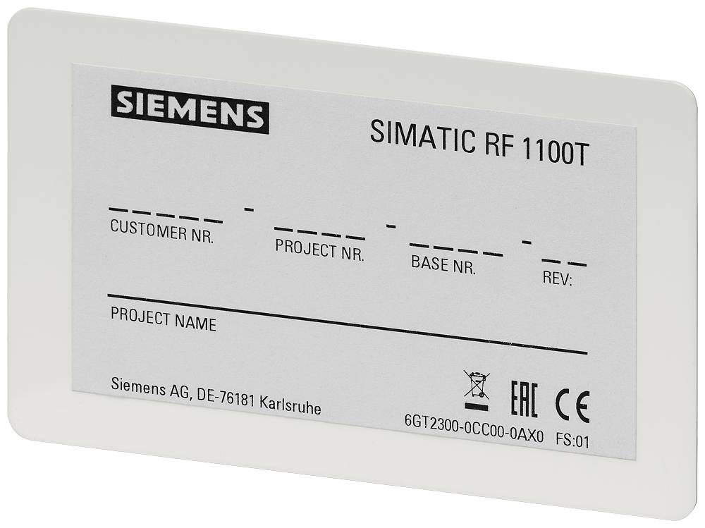 Étiquette d'un appareil Siemens, modèle 'SIMATIC RF 1100T', avec des champs pour le numéro client, le numéro de projet, le numéro de base et la révision.