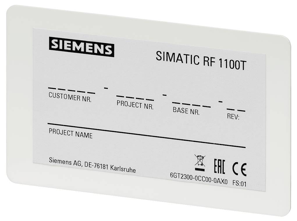 Étiquette d'un Siemens Simatic RF 1100T avec des champs pour 'N° Client', 'N° Projet', 'N° Base', 'Rév.' et 'Nom du Projet'.