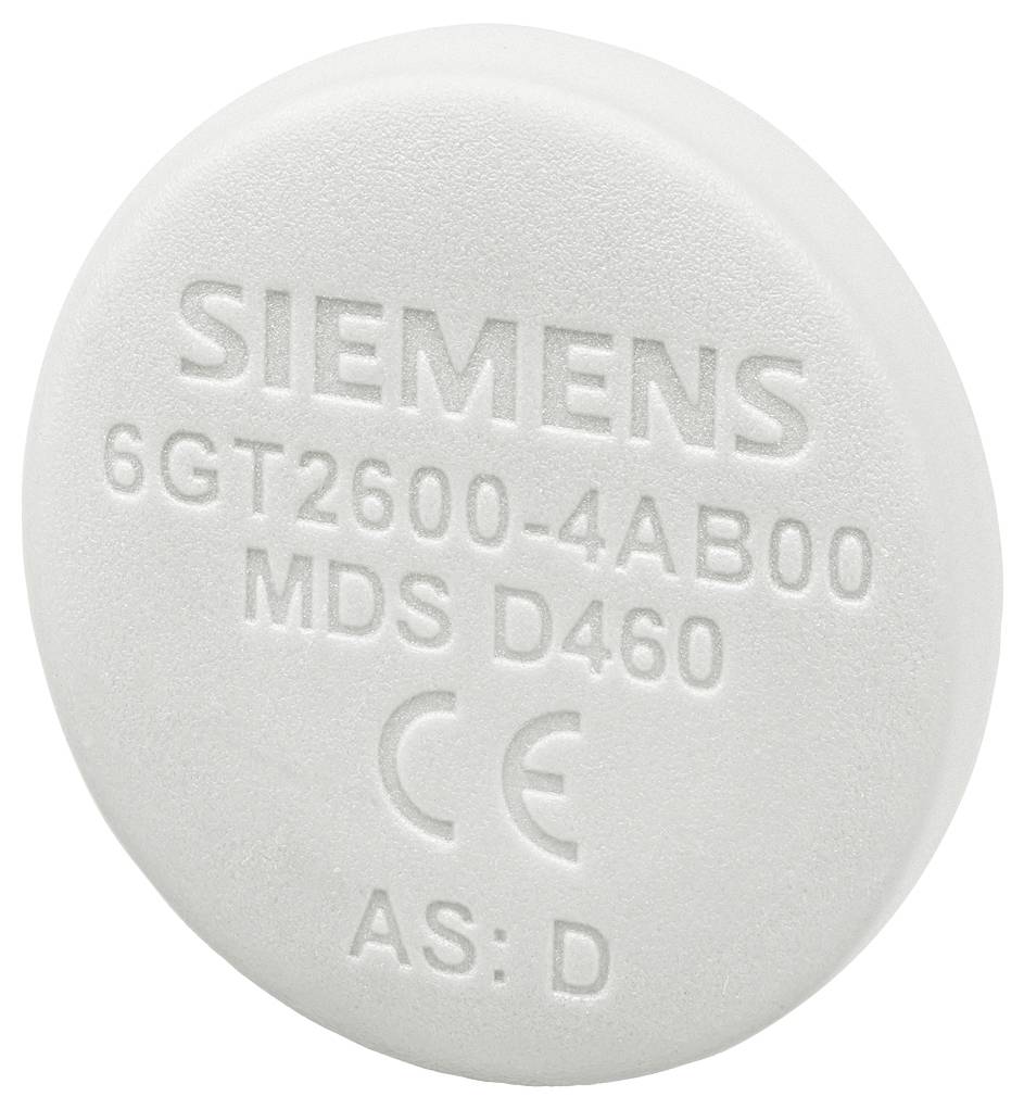 Transpondeur RFID rond avec logo Siemens et numéro de série '6GT2600-4AB00' ainsi que marquage CE, fond blanc.