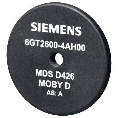 Pendentif noir rond avec impression blanche : « SIEMENS 6GT2600-4AH00 MDS D426 MOBY D ». Numéro de type et de modèle d'appareil.