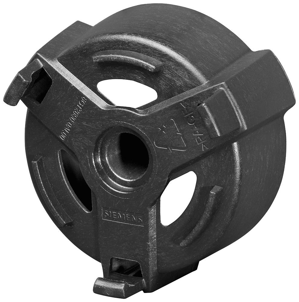 Un adaptateur cylindrique noir en plastique, marqué 'Siemens', avec trois fentes qui suggèrent un composant mécanique.