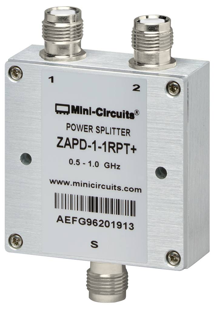 Répartiteur de puissance HF de Mini-Circuits, modèle ZAPD-1-1RPT+, gamme de fréquences 0,5 à 1,0 GHz, avec trois connexions coaxiales.