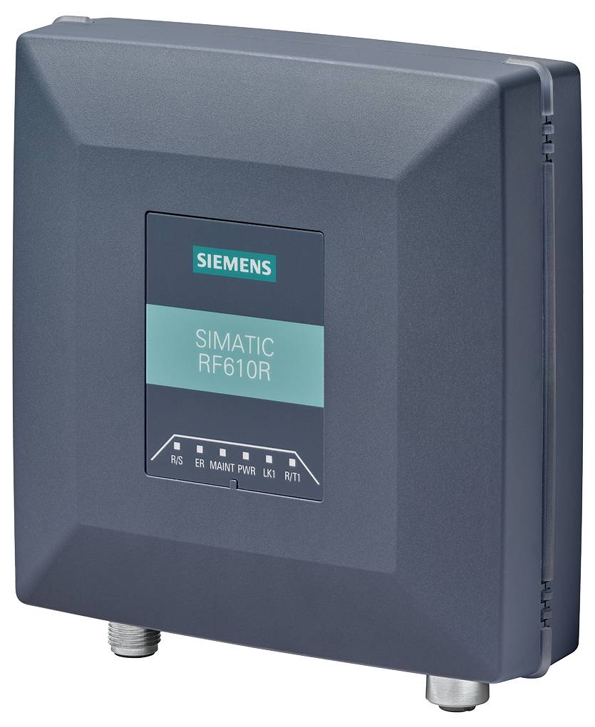 Un lecteur RFID gris foncé de Siemens, modèle RF610R, avec différents indicateurs de fonctionnement.