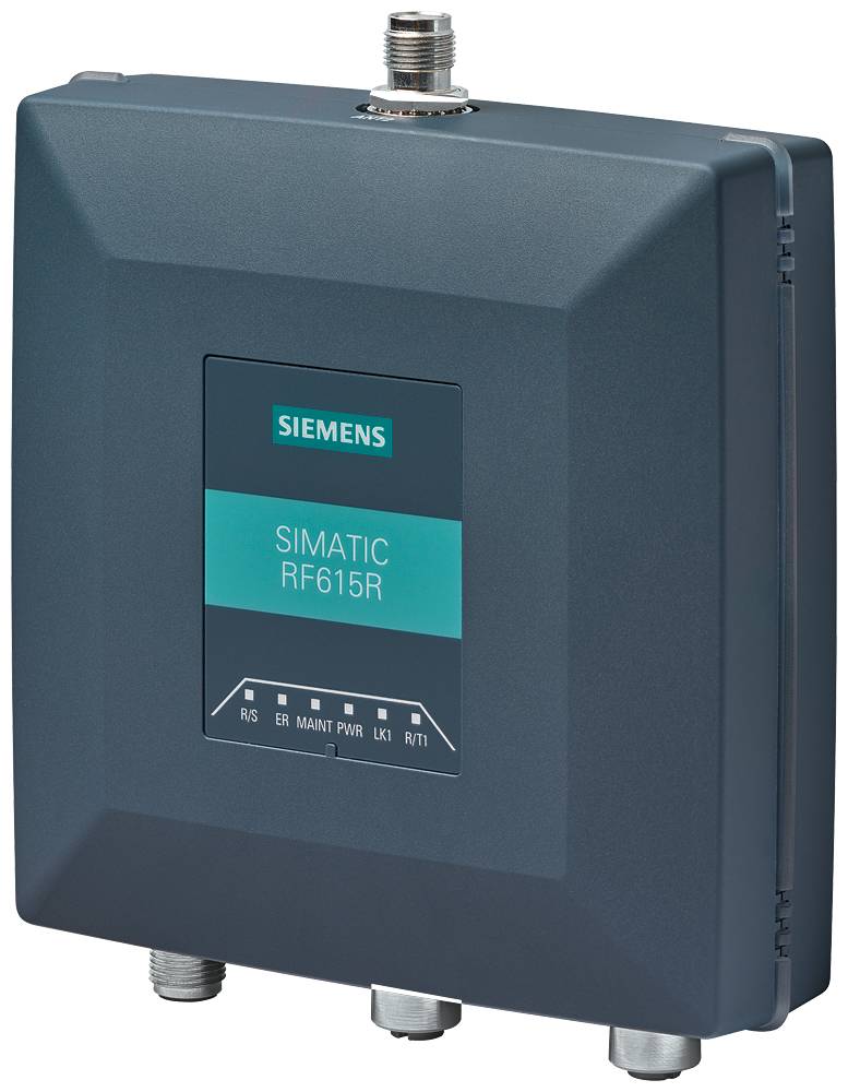 Un appareil carré de couleur gris foncé portant le logo 'Siemens' et l'inscription 'Simatic RF615R' sur la face avant ; surface supérieure avec connexion.
